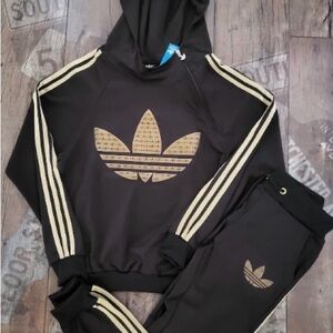 adidas Black and Gold Trefoil Hoodie & Joggers Set